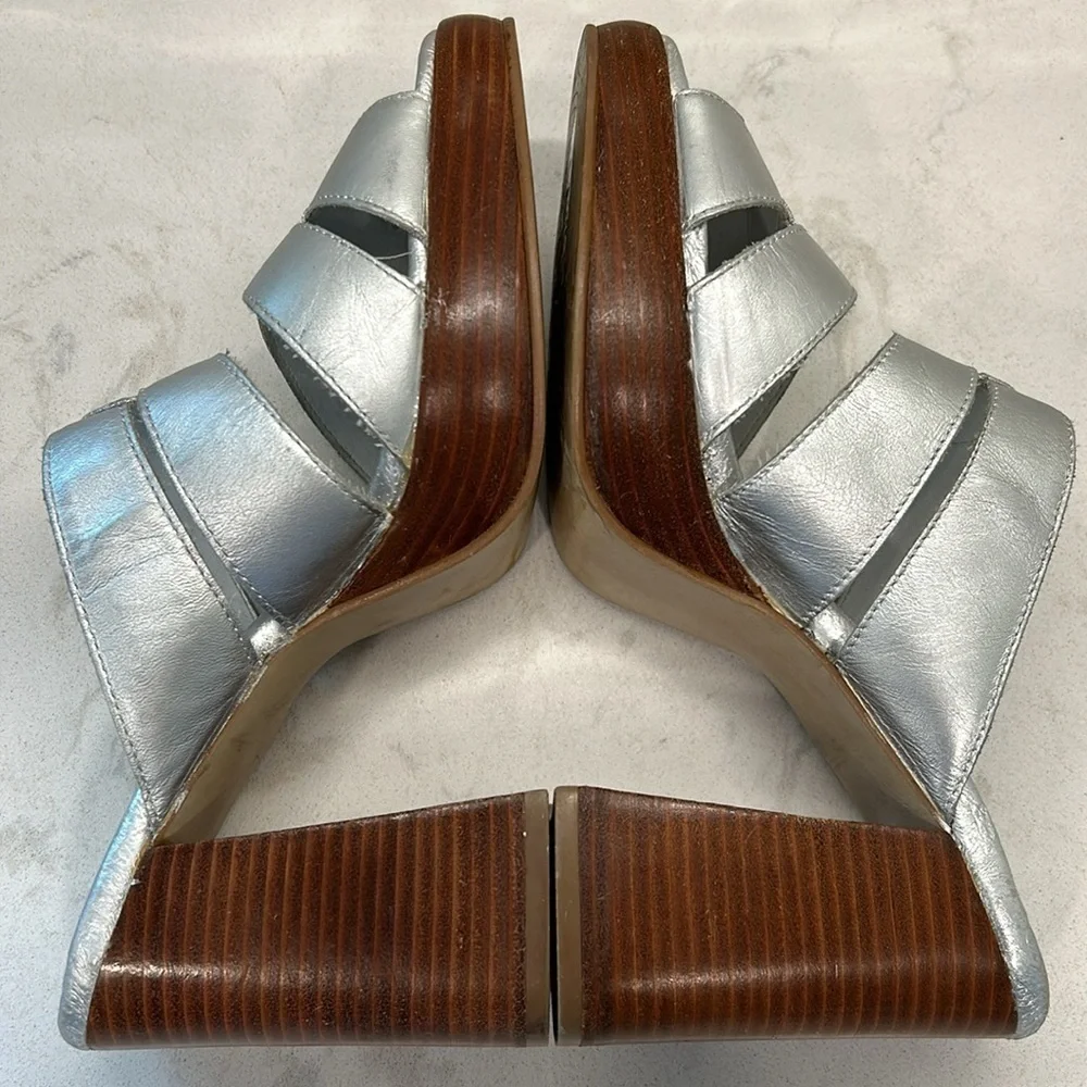 Zodiac Hype Leather Wood Platform Silver Metallic Retro Stacked Heels Size 9